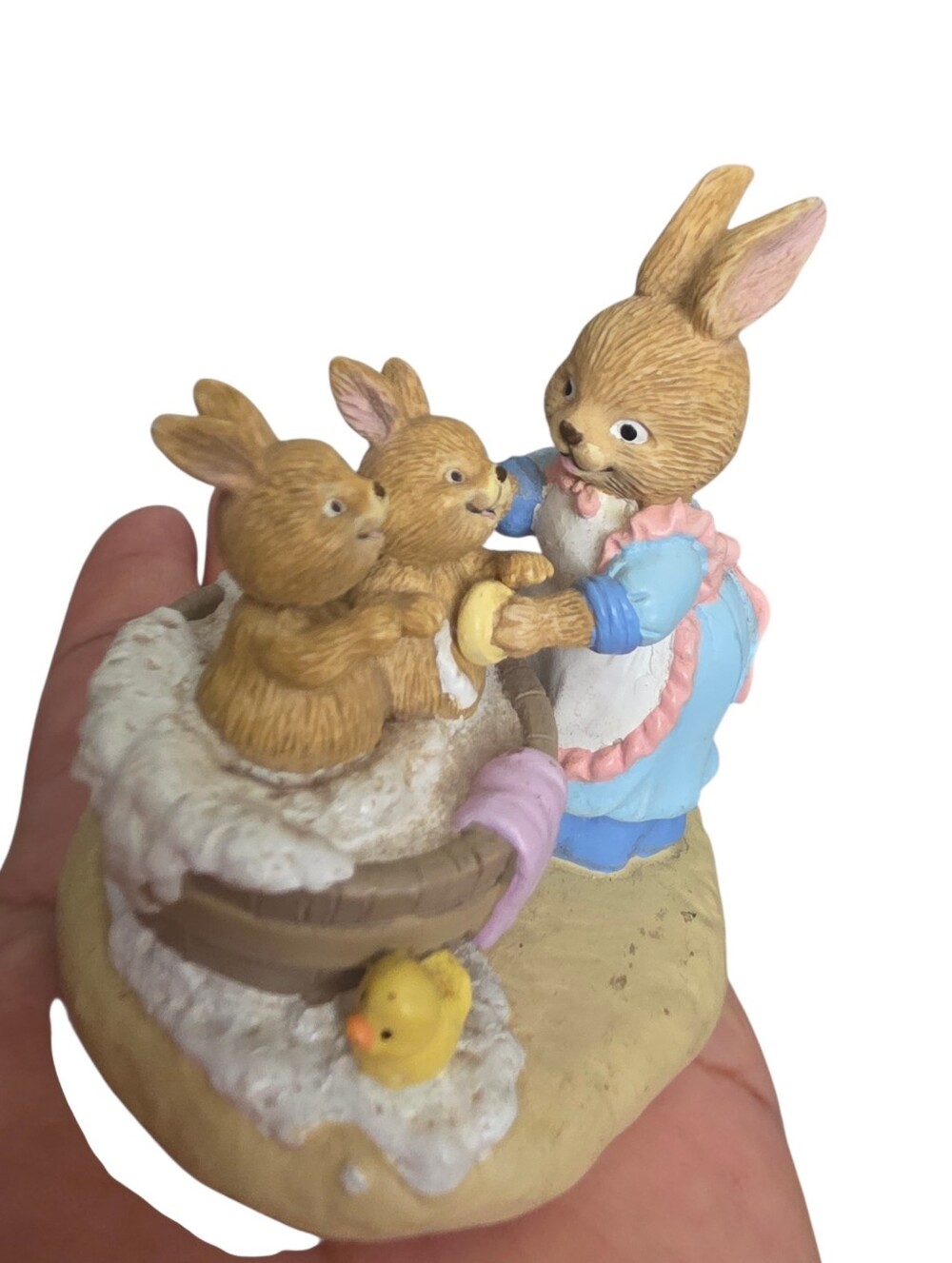 Russ Brown Bunny Family Figurine with Blue Outfit and Pink Accents